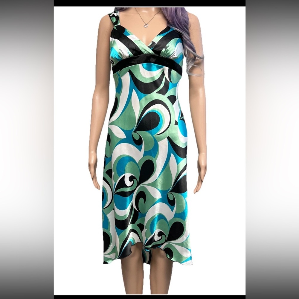 Y2K Babydoll Satin Halter Midi Dress Sz 3 Abstract Deep V-neck‎ Sundress Resort